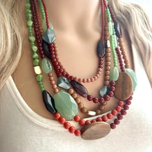 Load image into Gallery viewer, Vintage Vacation statement necklace, chunky bib beaded jewelry 5 strand neutral mint green red wood multi strand brown, Traveler Collection