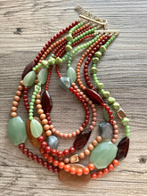 Load image into Gallery viewer, Vintage Vacation statement necklace, chunky bib beaded jewelry 5 strand neutral mint green red wood multi strand brown, Traveler Collection