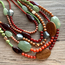 Load image into Gallery viewer, Vintage Vacation statement necklace, chunky bib beaded jewelry 5 strand neutral mint green red wood multi strand brown, Traveler Collection