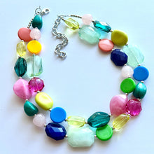 Load image into Gallery viewer, Rainbow Sunday Beaded 2 Strand Necklace, Colorful Jewelry, Chunky statement necklace, rainbow baby confetti yellow blue green orange coral