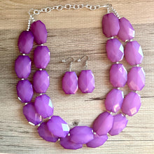Load image into Gallery viewer, Royal Purple Chunky Statement Necklace, Big beaded jewelry, Double Strand Statement Necklace, Bib necklace, bridesmaid wedding earrings