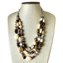 Load image into Gallery viewer, Mocha Macchiato Vintage statement necklace, chunky bib beaded jewelry 3 strand neutral wood multi strand brown, Traveler silver cream black