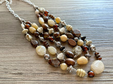 Load image into Gallery viewer, Mocha Macchiato Vintage statement necklace, chunky bib beaded jewelry 3 strand neutral wood multi strand brown, Traveler silver cream black