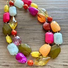 Load image into Gallery viewer, Ginger Hibiscus Beaded Necklace, 2 strand Chunky statement necklace, big beaded necklace jewelry, royal blue pink coral peach hot pink mint