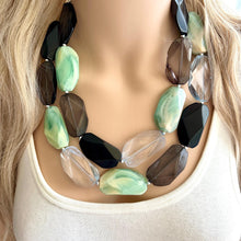 Load image into Gallery viewer, Seascape Skyline chunky necklace, dark blue swirl beaded jewelry, resin beaded Ombré necklace, green white gray black periwinkle