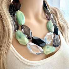 Load image into Gallery viewer, Seascape Skyline chunky necklace, dark blue swirl beaded jewelry, resin beaded Ombré necklace, green white gray black periwinkle