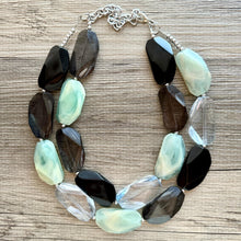 Load image into Gallery viewer, Seascape Skyline chunky necklace, dark blue swirl beaded jewelry, resin beaded Ombré necklace, green white gray black periwinkle