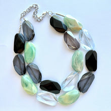 Load image into Gallery viewer, Seascape Skyline chunky necklace, dark blue swirl beaded jewelry, resin beaded Ombré necklace, green white gray black periwinkle