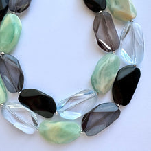 Load image into Gallery viewer, Seascape Skyline chunky necklace, dark blue swirl beaded jewelry, resin beaded Ombré necklace, green white gray black periwinkle