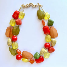 Load image into Gallery viewer, Pumpkin Patch Statement Necklace, chunky bib beaded jewelry, Halloween jewelry fall rust orange yellow necklace, beaded acrylic jewelry