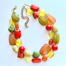 Load image into Gallery viewer, Pumpkin Patch Statement Necklace, chunky bib beaded jewelry, Halloween jewelry fall rust orange yellow necklace, beaded acrylic jewelry