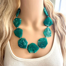 Load image into Gallery viewer, Emerald Green Chunky Statement Necklace, Big beaded jewelry, Single Strand bib bridal bridesmaid wedding silver earrings dark green earrings