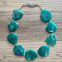 Load image into Gallery viewer, Emerald Green Chunky Statement Necklace, Big beaded jewelry, Single Strand bib bridal bridesmaid wedding silver earrings dark green earrings