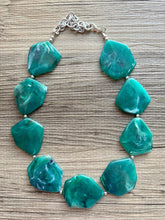 Load image into Gallery viewer, Emerald Green Chunky Statement Necklace, Big beaded jewelry, Single Strand bib bridal bridesmaid wedding silver earrings dark green earrings