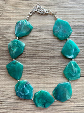 Load image into Gallery viewer, Emerald Green Chunky Statement Necklace, Big beaded jewelry, Single Strand bib bridal bridesmaid wedding silver earrings dark green earrings