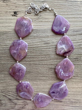 Load image into Gallery viewer, Purple Chunky Statement Necklace, Big beaded jewelry, Single Strand bib bridal bridesmaid wedding silver earrings brown swirl amethyst