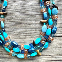 Load image into Gallery viewer, Orange & Blue 3 strand Beaded Statement Necklace, Chunky Bib Multi-Strand Jewelry, blue drop earrings, aqua necklace turquoise aqua navy