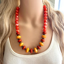 Load image into Gallery viewer, Fall Festival Chunky Statement Necklace, gold bib necklace, honey red brown gold necklace, geometric chain beaded mustard orange