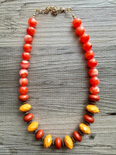 Load image into Gallery viewer, Fall Festival Chunky Statement Necklace, gold bib necklace, honey red brown gold necklace, geometric chain beaded mustard orange