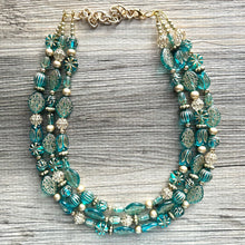 Load image into Gallery viewer, Turquoise Blue & Gold Beaded statement necklace, 3 strand bead jewelry, green teal geometric light blue winter bib chunky necklace metallic