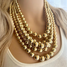 Load image into Gallery viewer, Five Strand Mirror Gold chunky statement necklace, big beaded jewelry, gifts for women, bib jewelry Multi-Strand necklace beaded earrings