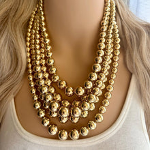 Load image into Gallery viewer, Five Strand Mirror Gold chunky statement necklace, big beaded jewelry, gifts for women, bib jewelry Multi-Strand necklace beaded earrings
