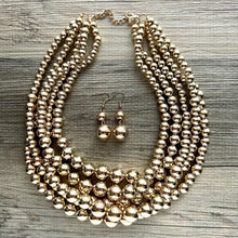 Load image into Gallery viewer, Five Strand Mirror Gold chunky statement necklace, big beaded jewelry, gifts for women, bib jewelry Multi-Strand necklace beaded earrings