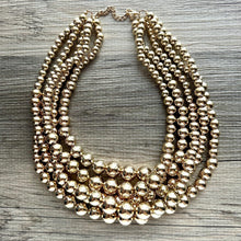 Load image into Gallery viewer, Five Strand Mirror Gold chunky statement necklace, big beaded jewelry, gifts for women, bib jewelry Multi-Strand necklace beaded earrings