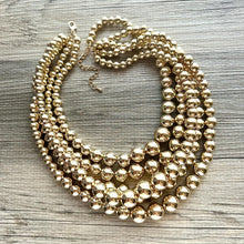 Load image into Gallery viewer, Five Strand Mirror Gold chunky statement necklace, big beaded jewelry, gifts for women, bib jewelry Multi-Strand necklace beaded earrings