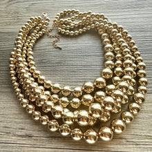 Load image into Gallery viewer, Five Strand Mirror Gold chunky statement necklace, big beaded jewelry, gifts for women, bib jewelry Multi-Strand necklace beaded earrings