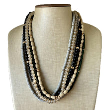 Load image into Gallery viewer, Gold & Neutral statement necklace, chunky bib beaded jewelry 6 strand tan necklace, wood multi strand wood, Traveler Collection metallic