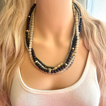 Load image into Gallery viewer, Gold & Neutral statement necklace, chunky bib beaded jewelry 6 strand tan necklace, wood multi strand wood, Traveler Collection metallic