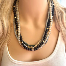 Load image into Gallery viewer, Gold & Neutral statement necklace, chunky bib beaded jewelry 6 strand tan necklace, wood multi strand wood, Traveler Collection metallic