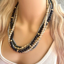 Load image into Gallery viewer, Gold & Neutral statement necklace, chunky bib beaded jewelry 6 strand tan necklace, wood multi strand wood, Traveler Collection metallic