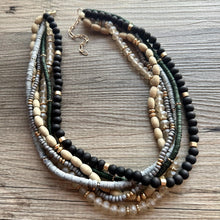 Load image into Gallery viewer, Gold & Neutral statement necklace, chunky bib beaded jewelry 6 strand tan necklace, wood multi strand wood, Traveler Collection metallic