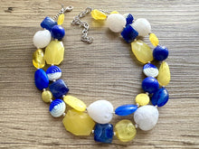 Load image into Gallery viewer, Sunny Yellow & Blue Chunky Statement Necklace, Big beaded jewelry, 2 Strand Statement Necklace, Bib dark blue white yellow glass geometric