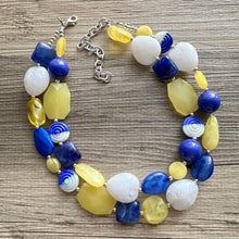 Load image into Gallery viewer, Sunny Yellow & Blue Chunky Statement Necklace, Big beaded jewelry, 2 Strand Statement Necklace, Bib dark blue white yellow glass geometric