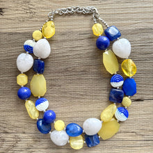 Load image into Gallery viewer, Sunny Yellow & Blue Chunky Statement Necklace, Big beaded jewelry, 2 Strand Statement Necklace, Bib dark blue white yellow glass geometric