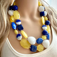 Load image into Gallery viewer, Sunny Yellow & Blue Chunky Statement Necklace, Big beaded jewelry, 2 Strand Statement Necklace, Bib dark blue white yellow glass geometric