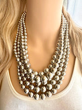 Load image into Gallery viewer, Five Strand Mirror Silver chunky statement necklace, big beaded jewelry, gifts for women, bib jewelry Multi-Strand necklace beaded earrings