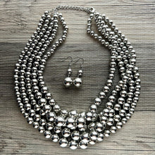 Load image into Gallery viewer, Five Strand Mirror Silver chunky statement necklace, big beaded jewelry, gifts for women, bib jewelry Multi-Strand necklace beaded earrings