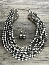 Load image into Gallery viewer, Five Strand Mirror Silver chunky statement necklace, big beaded jewelry, gifts for women, bib jewelry Multi-Strand necklace beaded earrings