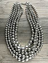 Load image into Gallery viewer, Five Strand Mirror Silver chunky statement necklace, big beaded jewelry, gifts for women, bib jewelry Multi-Strand necklace beaded earrings