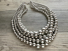 Load image into Gallery viewer, Five Strand Mirror Silver chunky statement necklace, big beaded jewelry, gifts for women, bib jewelry Multi-Strand necklace beaded earrings