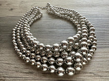 Load image into Gallery viewer, Five Strand Mirror Silver chunky statement necklace, big beaded jewelry, gifts for women, bib jewelry Multi-Strand necklace beaded earrings