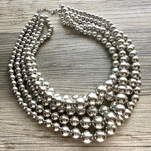 Load image into Gallery viewer, Five Strand Mirror Silver chunky statement necklace, big beaded jewelry, gifts for women, bib jewelry Multi-Strand necklace beaded earrings