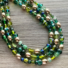 Load image into Gallery viewer, Lush Green Glass Chunky 3 Strand Statement Necklace, grass beaded jewelry, gold geometric chunky jewel tone moss wedding