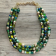 Load image into Gallery viewer, Lush Green Glass Chunky 3 Strand Statement Necklace, grass beaded jewelry, gold geometric chunky jewel tone moss wedding