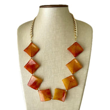 Load image into Gallery viewer, Long Tie Dye Clementine Statement Necklace Jewelry, Chunky Big Beaded 1 Strand Necklace, orange gold square diamond geometric bead