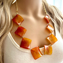 Load image into Gallery viewer, Long Tie Dye Clementine Statement Necklace Jewelry, Chunky Big Beaded 1 Strand Necklace, orange gold square diamond geometric bead